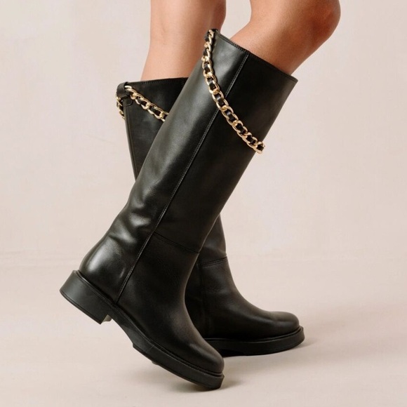 ALOHAS Shoes - Alohas "Pier" Black Leather Tall Knee High Chain Link Block Heel Grunge Boots 37
